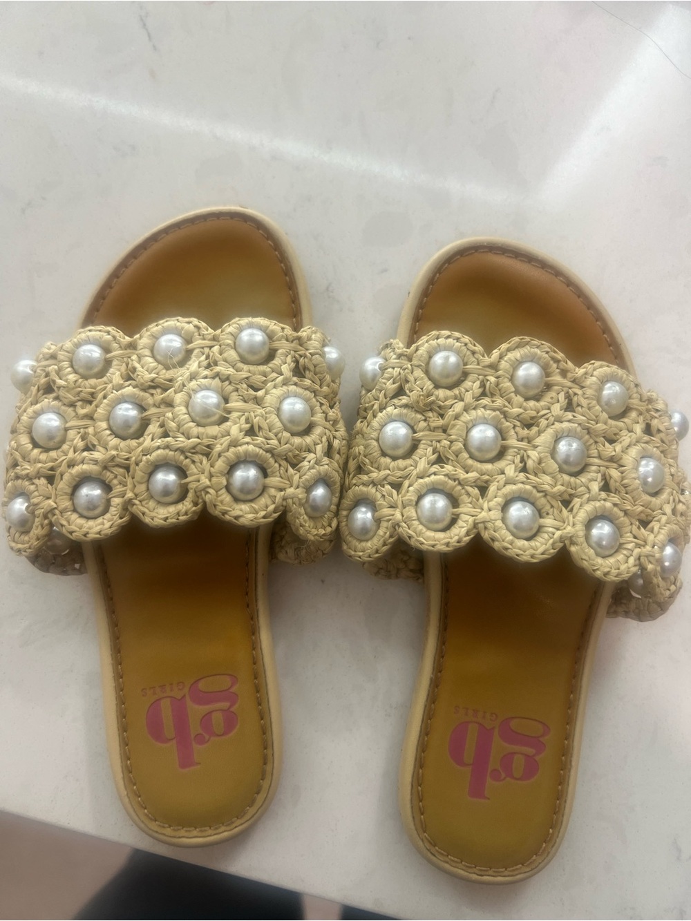 GB girls Beige Crochet Pearl-Embellished Slide Sandals